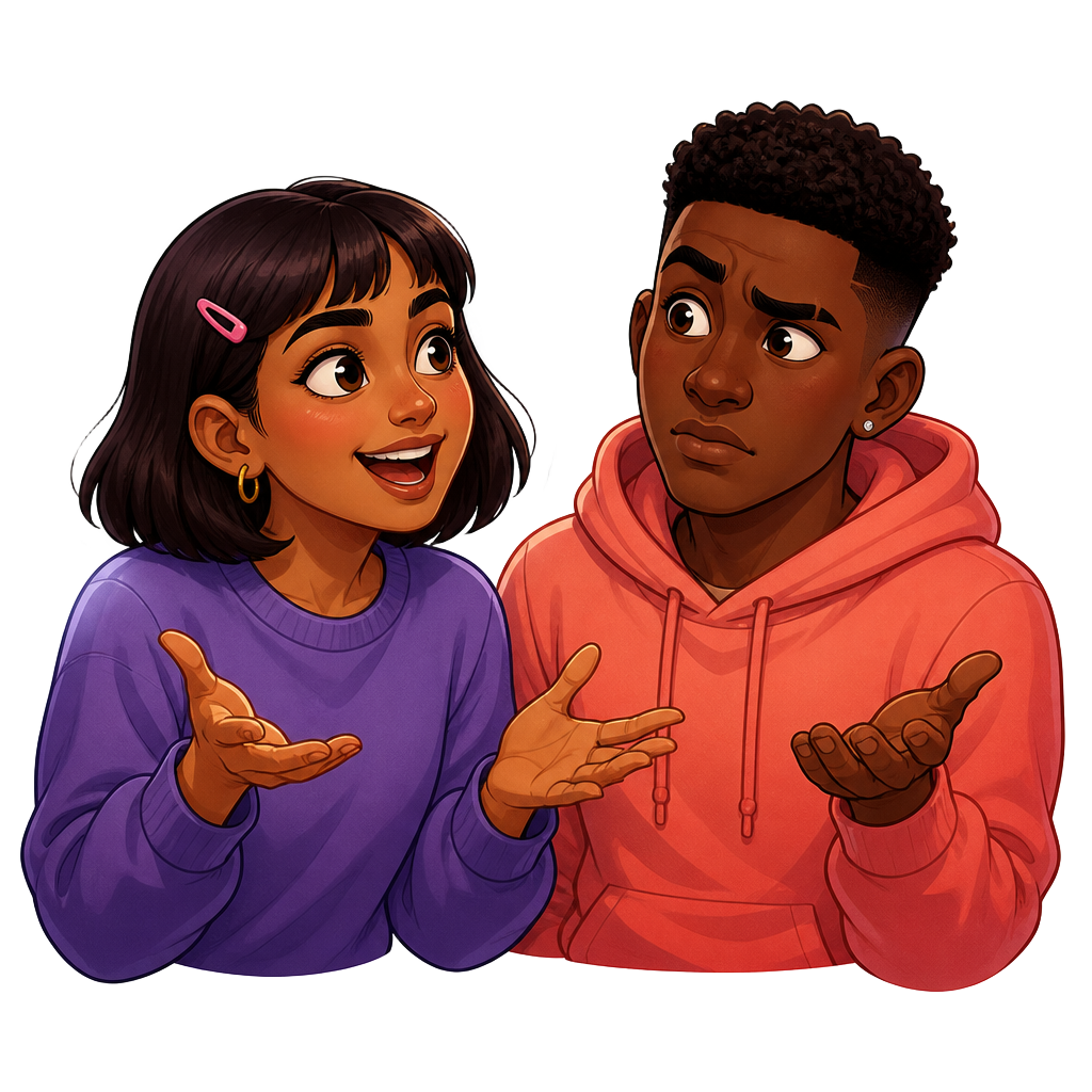 You Explaining / Them Confused reaction sticker featuring Maya and Dev